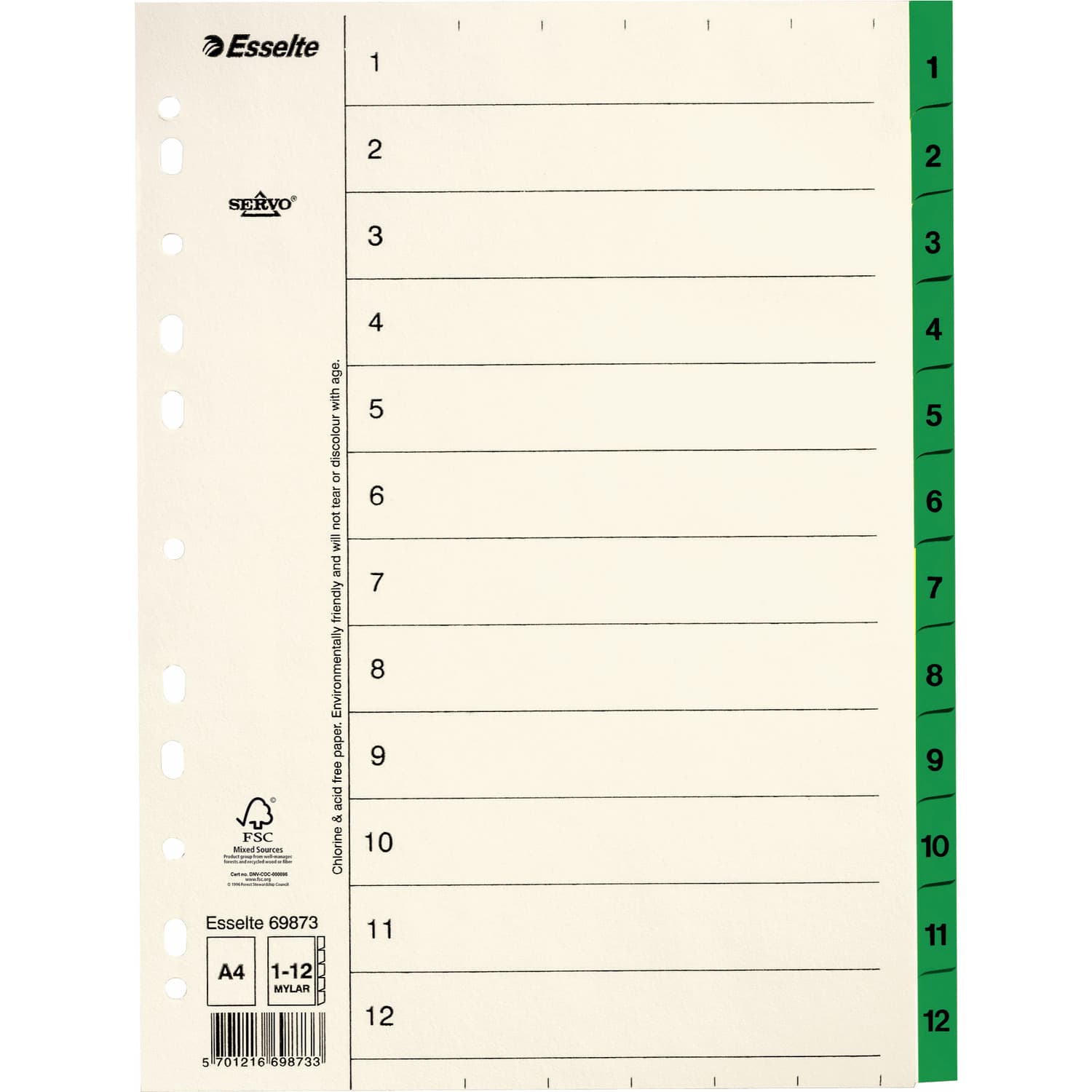 Przekładki kartonowe A4 SERVO numeryczne 1-12 69873 ESSELTE