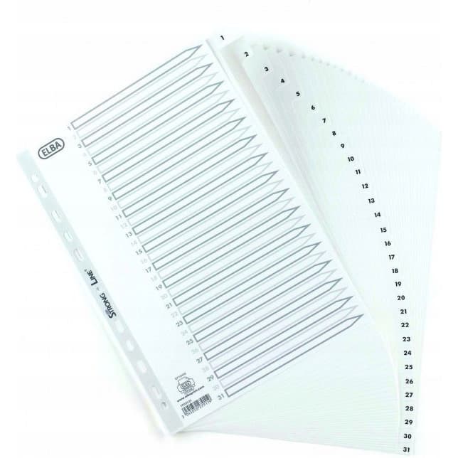 Przekładki numeryczne do segregatora A4 1-31 białe PP 100204793 OXFORD