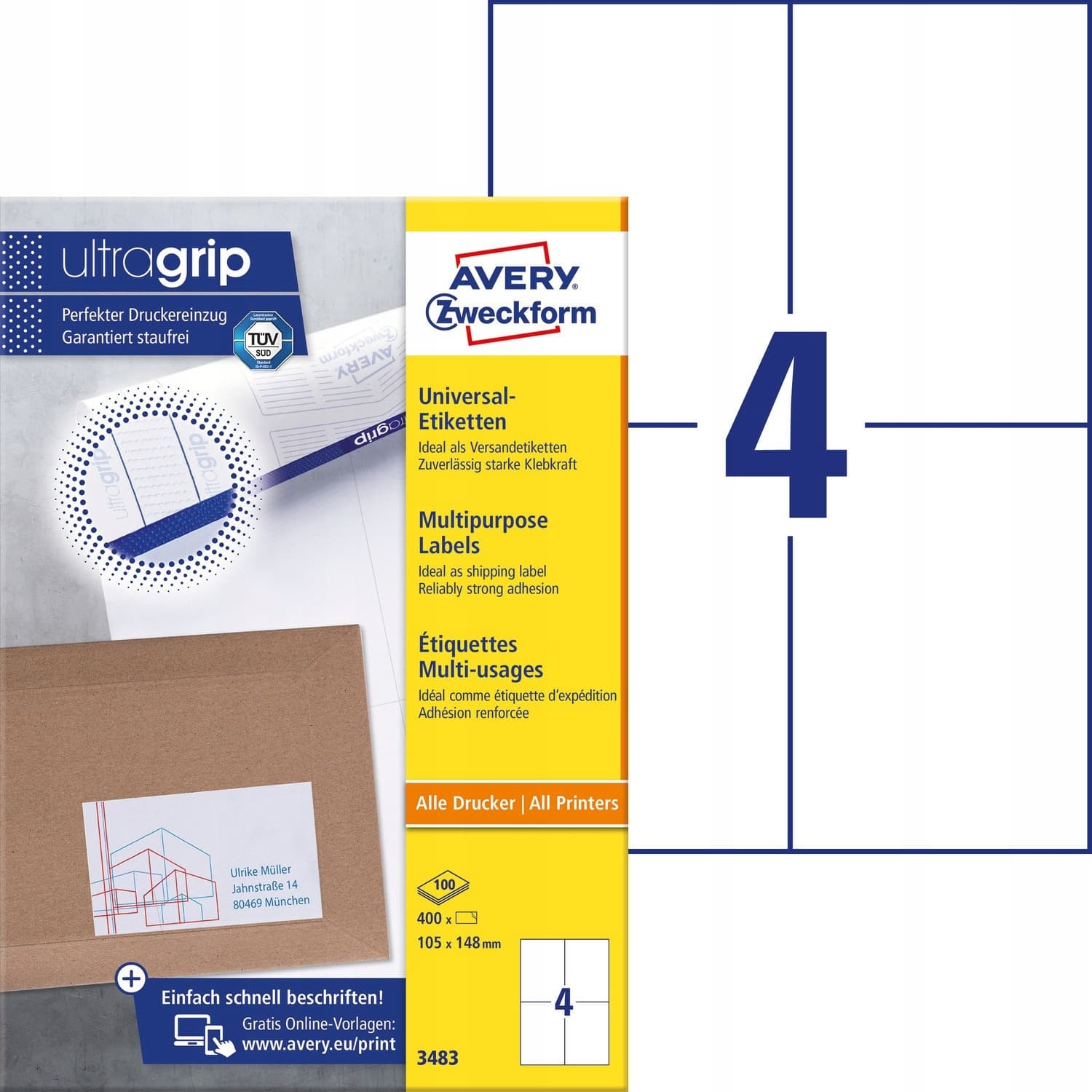 Etykiety A4 białe(100 arkuszy) 105x148mm ULTRAGRIP 3483 AVERY ZWECKFORM