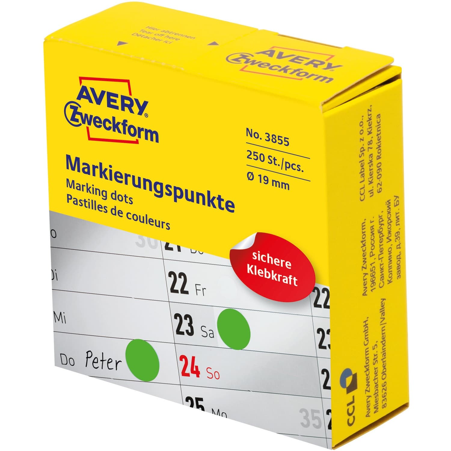 Kółka w dyspenserze trwałe 250szt. 19mm zielone 3855 AVERY ZWECKFORM