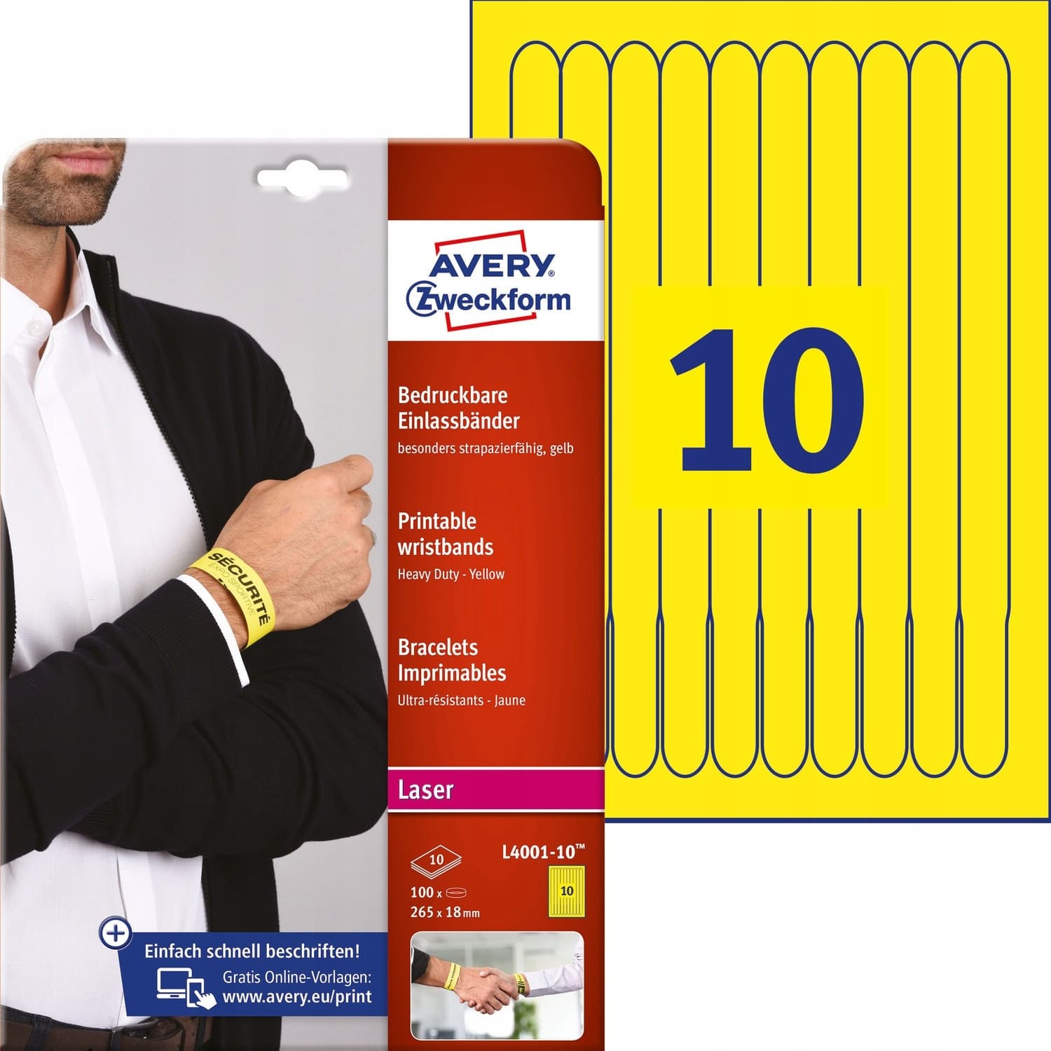 Opaski identyfikacyjne na nadgarstek 265x18mm A4 (10) L4001-10 żółte do nadruku AVERY ZWECKFORM