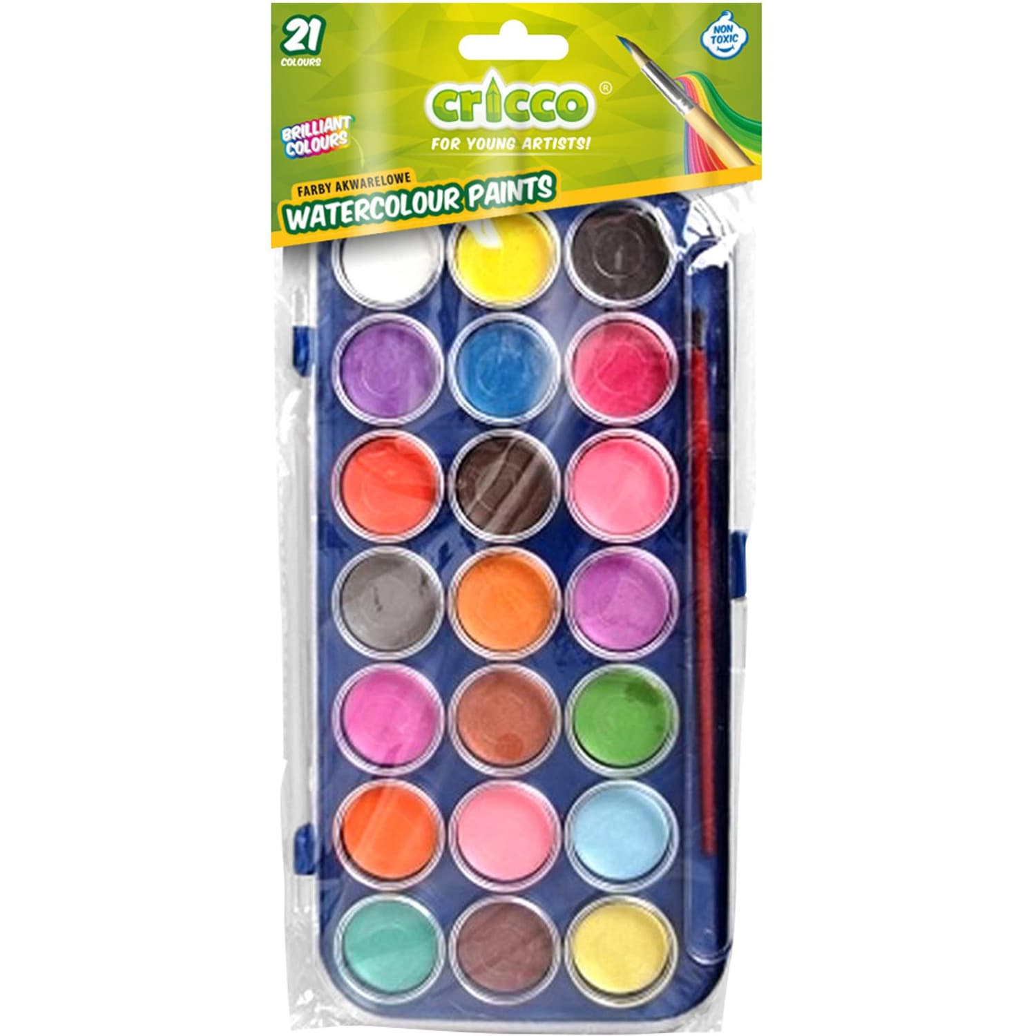 Farby akwarelowe CRICCO 21 kolorów w kasecie + pędzelek CR360K21