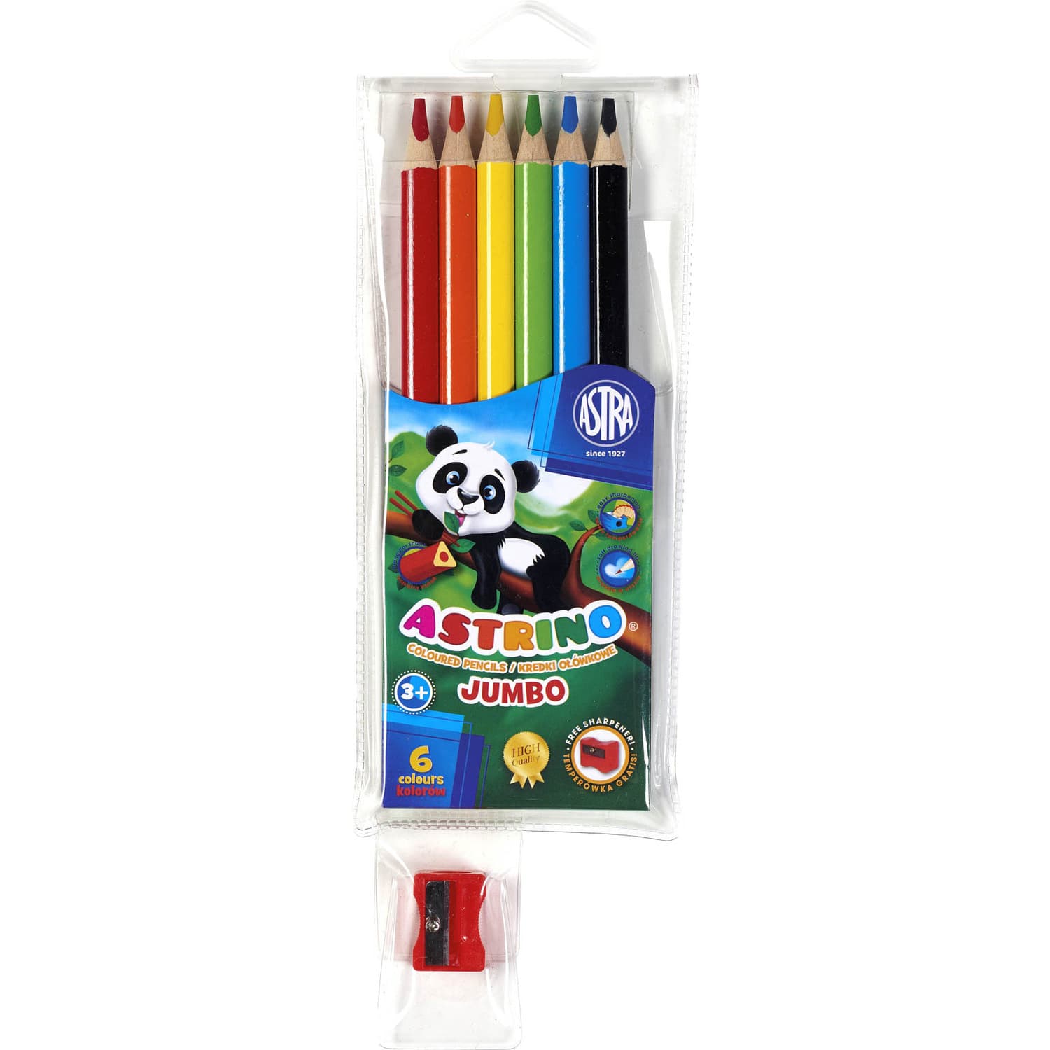 Kredki ołówkowe trójkątne JUMBO 6 kolorów + temperówka 312115003 ASTRINO