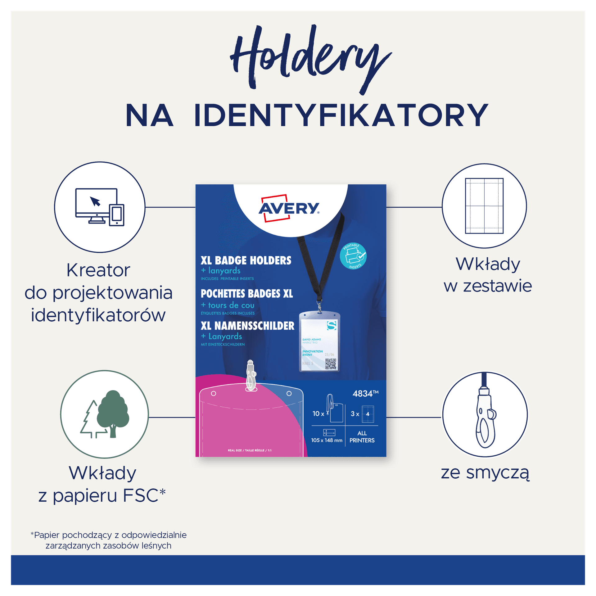 Kieszenie na identyfikator A6 ze smyczą 148x105mm (10 sztuk + 12 wkładów) 4834 AVERY