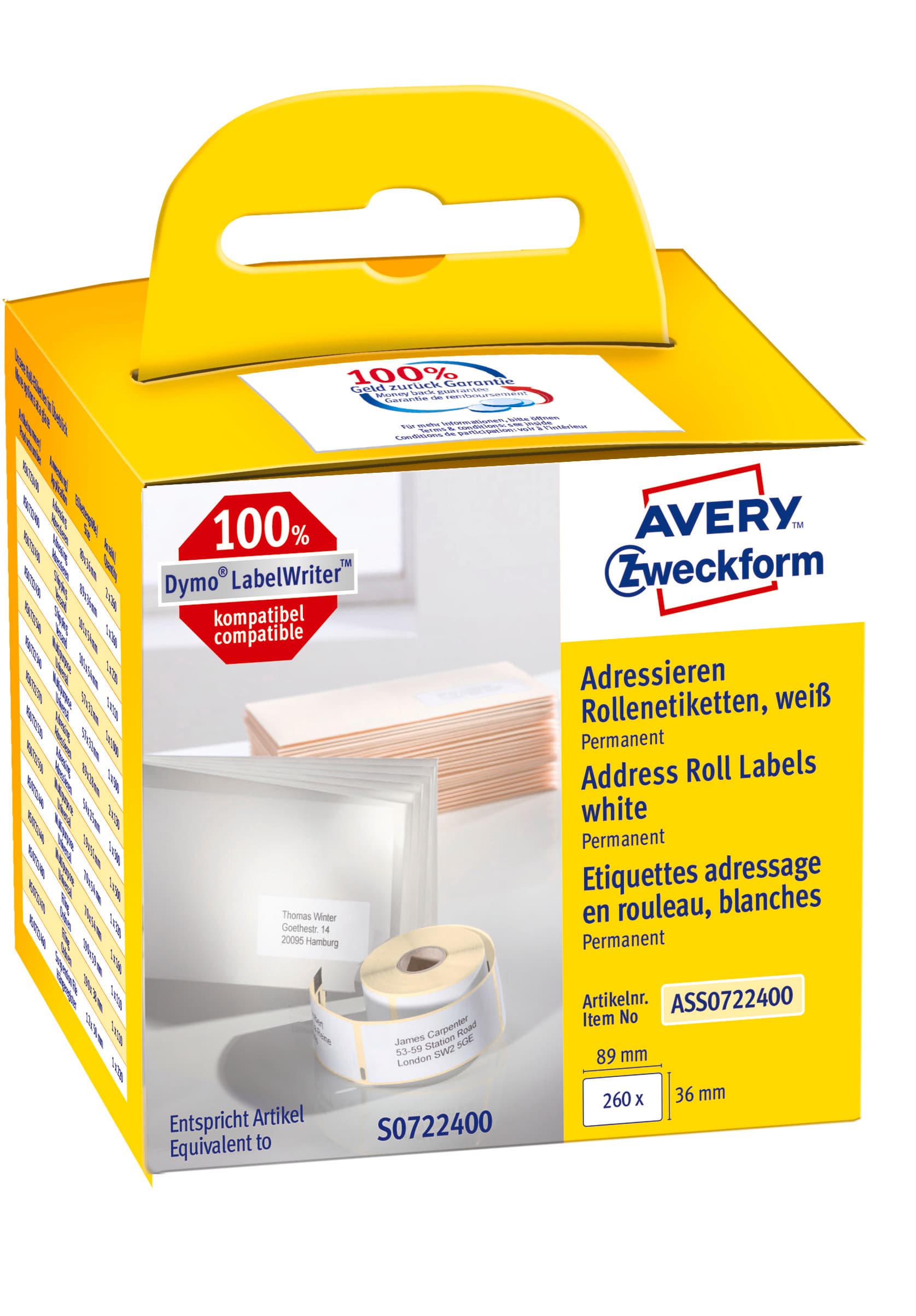 Etykiety adresowe w rolce 36x89mm 260 etyk.trwałe, białe ASS0722400 Avery Zweckform