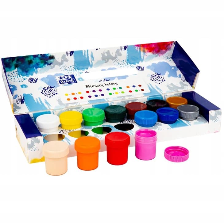 Farby plakatowe szkolne 12 kolorów + 2 gratis srebrna złota 20ml 400167100 OXFORD