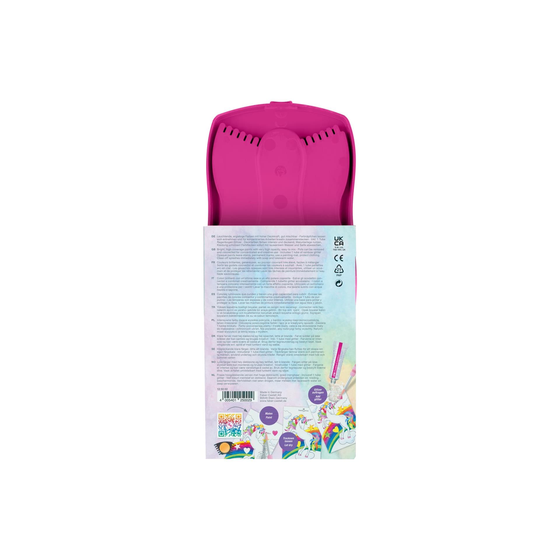 Farby szkolne akwarelowe 12 kolorów + brokat + naklejki, różowa kasetka 125002 FABER-CASTELL
