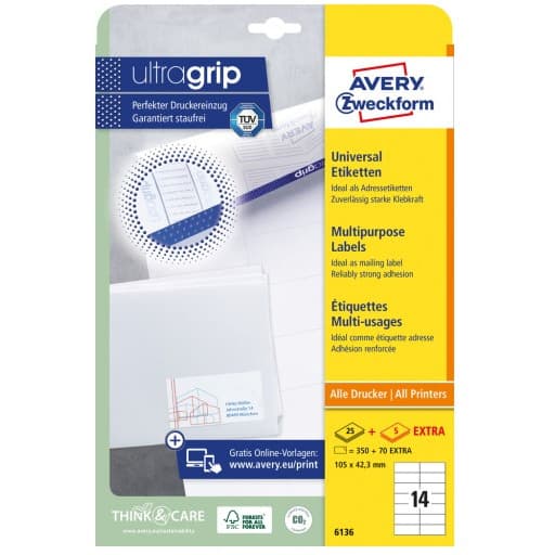 Etykiety białe ULTRAGRIP 105x42,3mm (25 arkuszy=350 etykiet) 6136 AVERY ZWECKFORM