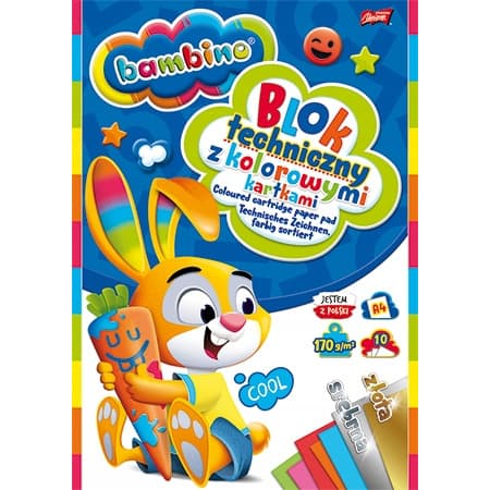 Blok techniczny szkolny A4 kolorowy + złota i srebrna kratka 10 kartek 170g BAMBINO