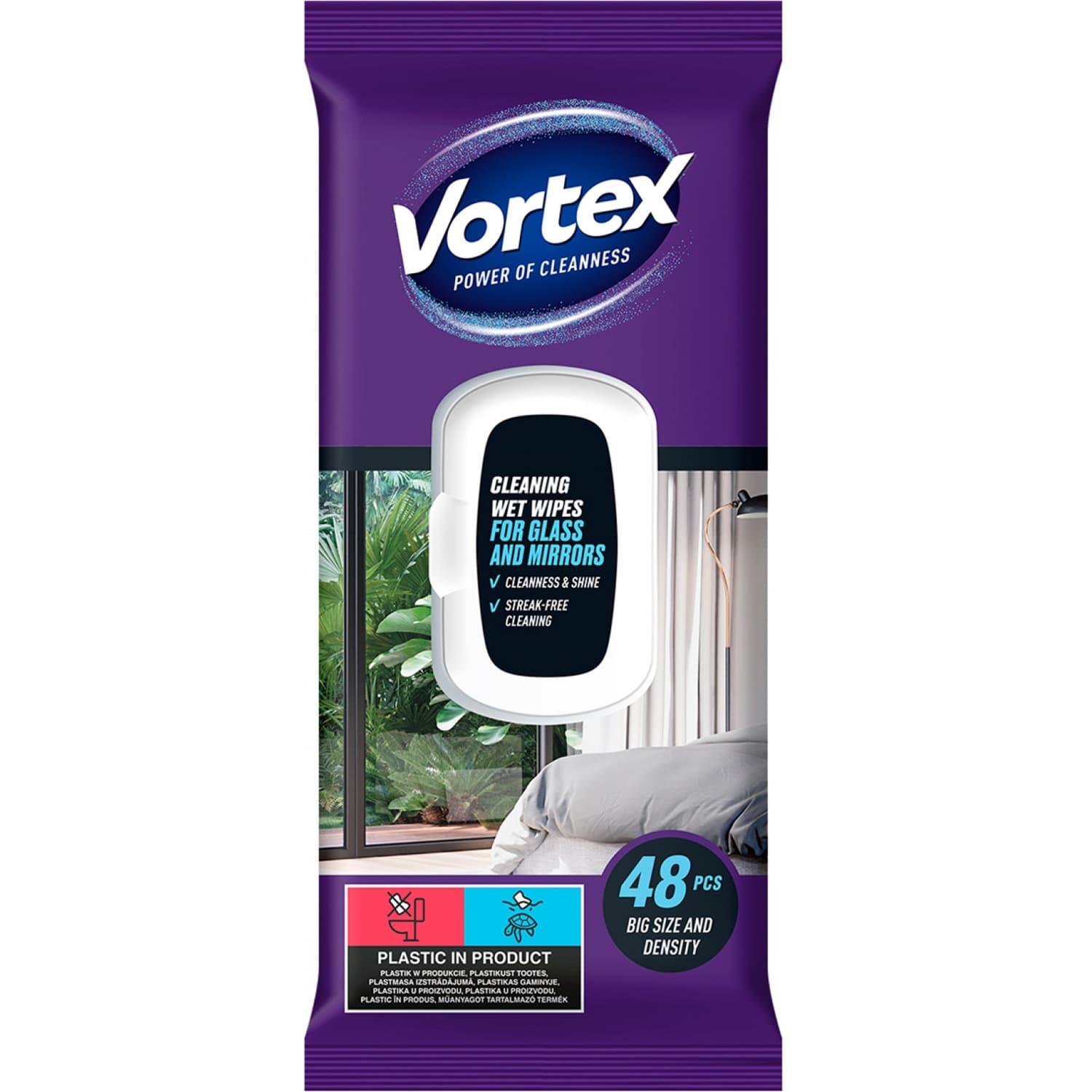 Chusteczki nawilżane VORTEX do szyb i luster z klapką 48 szt.