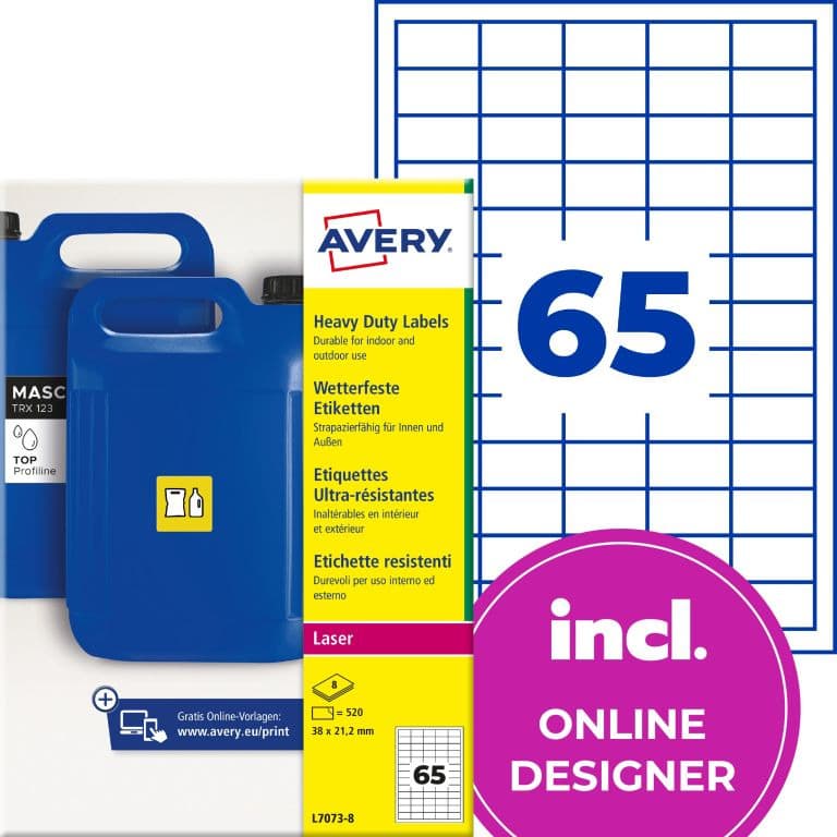Etykiety do oznaczeń PPWR foliowe z trwałym klejem białe 38x21,2mm (8 ark.) L7073-8 AVERY ZWECKFORM