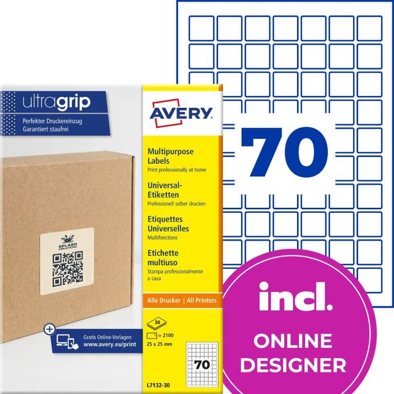 Etykiety do kodów QR papierowe z trwałym klejem białe 25x25mm (30 ark.) L7132-30 AVERY ZWECKFORM