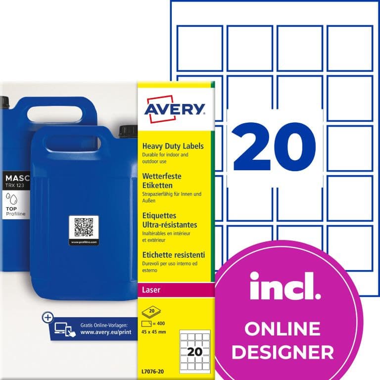 Etykiety do kodów QR foliowe z trwałym klejem białe 45x45mm (20 ark.) L7076-20 AVERY ZWECKFORM
