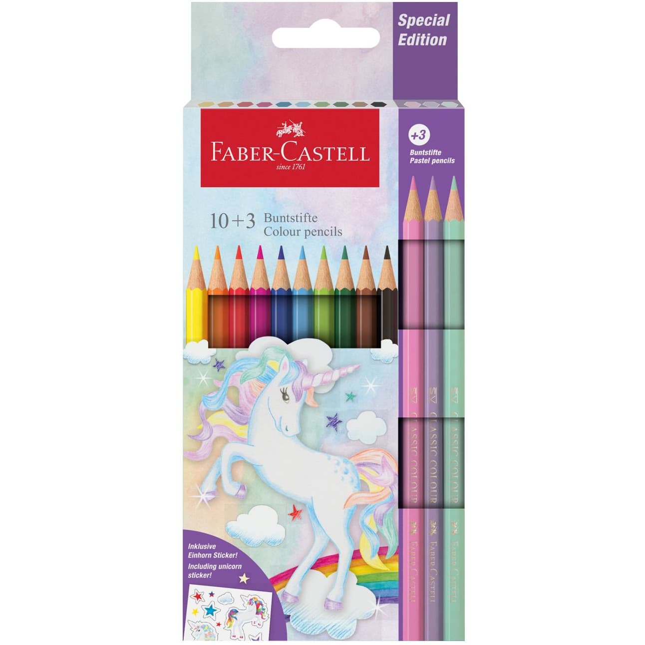 Kredki sześciokątne 10 kolorów + 3kolory pastelowe edycja JEDNOROŻEC 111219 Faber-Castell