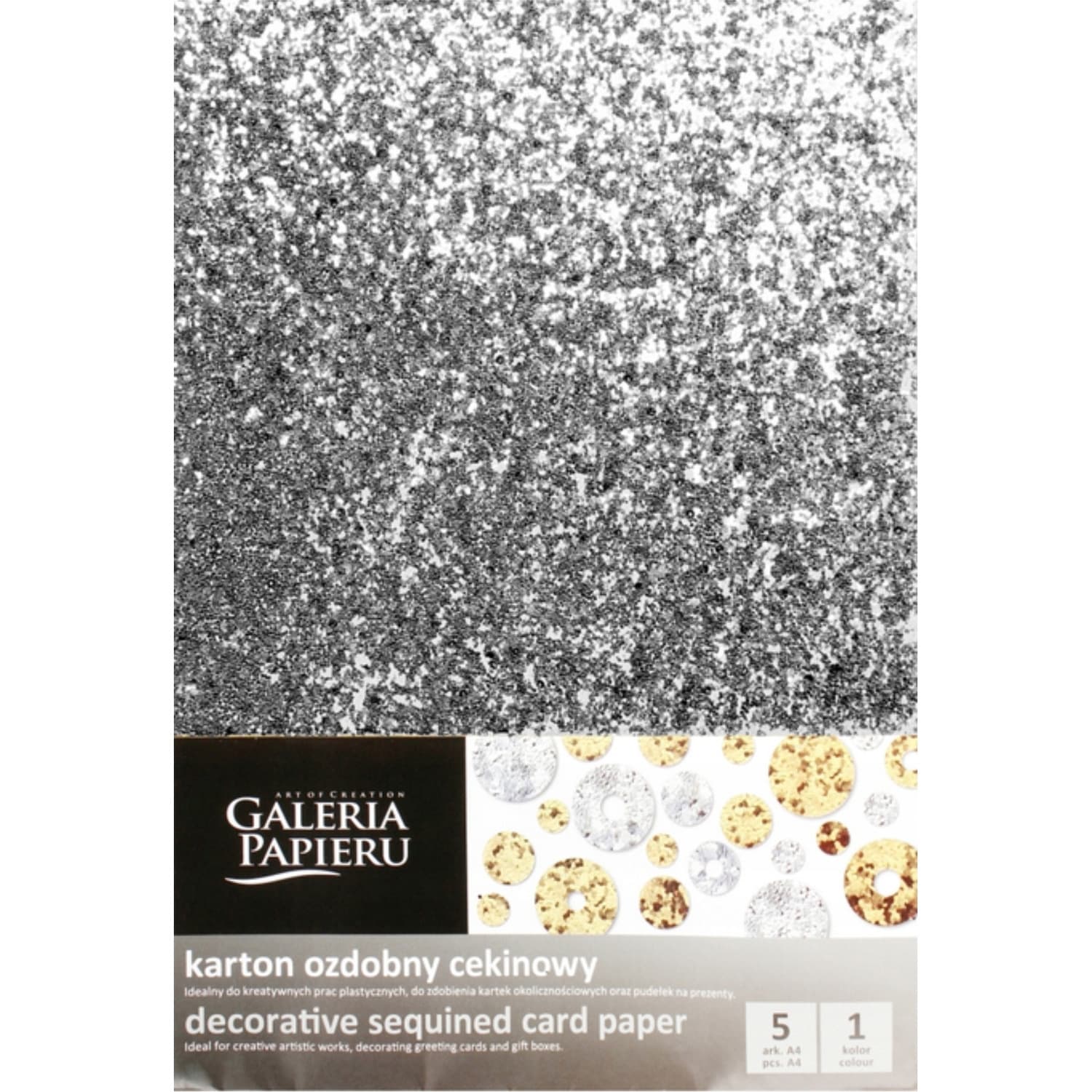 Karton ozdobny cekinowy A4 srebrny 210g. (5ark.) 208505 Galeria Papieru