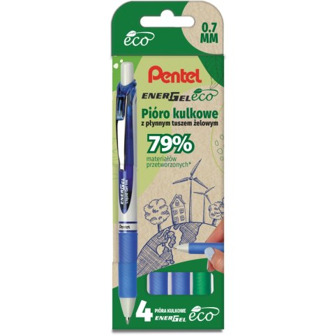 Pióro kulkowe ENERGEL 3x niebieski, 1x zielony komplet 4sztuk BL77E PENTEL