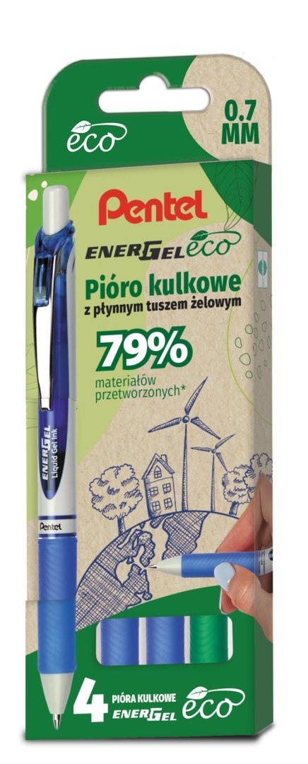 Pióro kulkowe ENERGEL 3x niebieski, 1x zielony komplet 4sztuk BL77E PENTEL