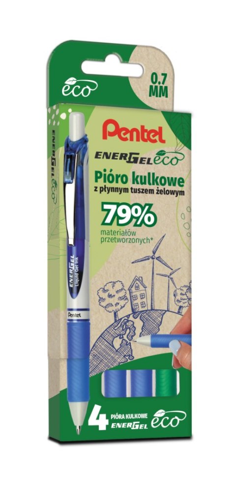 Pióro kulkowe ENERGEL 3x niebieski, 1x zielony komplet 4sztuk BL77E PENTEL