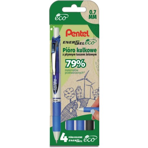 Pióro kulkowe ENERGEL 3x niebieski, 1x czarny komplet 4sztuk BL77E PENTEL