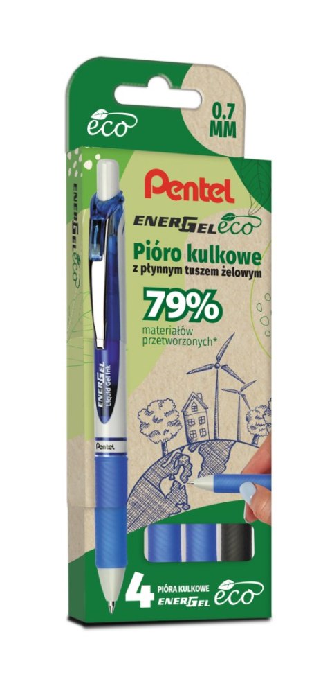 Pióro kulkowe ENERGEL 3x niebieski, 1x czarny komplet 4sztuk BL77E PENTEL