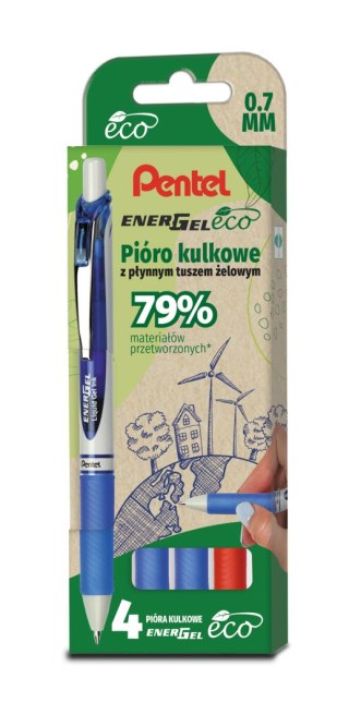 Pióro kulkowe ENERGEL 3x niebieski, 1x czerwony komplet 4sztuk BL77E PENTEL