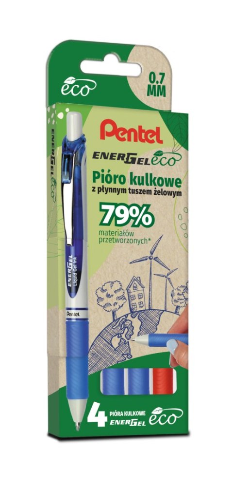 Pióro kulkowe ENERGEL 3x niebieski, 1x czerwony komplet 4sztuk BL77E PENTEL