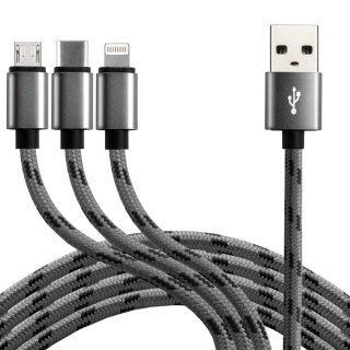 Kabel USB-A -> USB-C/microUSB/Lightning 3w1 1,2m 2,4A pleciony czarny EVERACTIVE (CBB-1.2MCI)