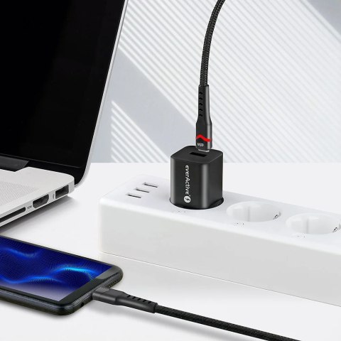 Kabel USB-C -> USB-C 2m 3A 60W pleciony czarny wtyczka z led RGB EVERACTIVE (CBB-2PDR)