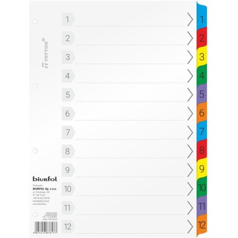 Przekładki laminowane A4 1-12 numeryczne TRY-04-03 BIURFOL