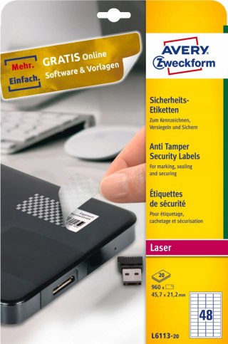 Etykiety A4 białe(20 arkuszy)45,7x21,2mm plomby zabezpieczające VOID L6113-20 AVERY ZWECKFORM