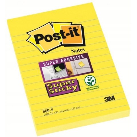 Bloczek samoprzylepny 102x152mm 75k żółty linia POST-IT 660-S Super Sticky FT510093832 3M