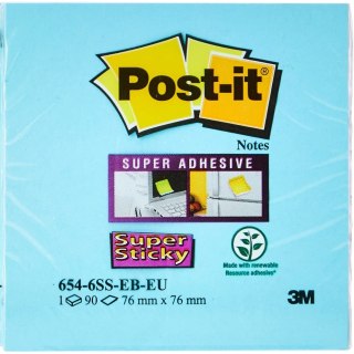 Bloczek samoprzylepny 76x76mm 90k niebieski Super Sticky POST-IT 654-6SS-EB 3M