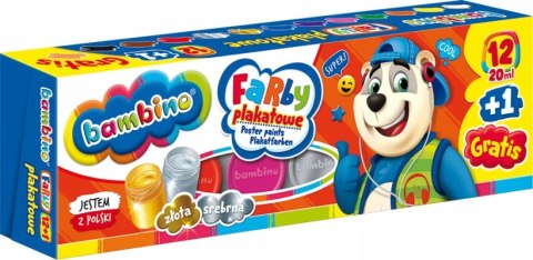 Farby plakatowe 12 kolorów, 20ml + 1 farba cielista gratis BAMBINO