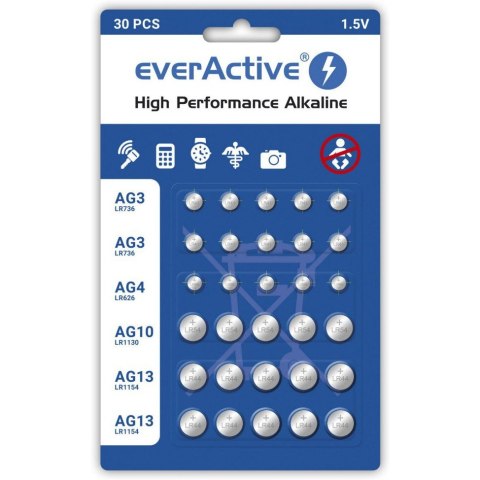 Bateria EVERACTIVE AG3/AG4/AG10/AG13 1,5V guzikowa blister mix (30szt)