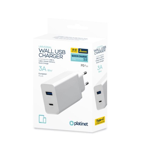 Ładowarka sieciowa 230V PLATINET 1xUSB-A + 1xUSB-C 5V/3A 9V/2A 12V/1,5A 18W biała (45480)