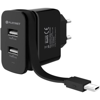 Ładowarka sieciowa 230V PLATINET 2xUSB-A 5V + kabel microUSB 5V/3,4A 17W czarna (44653)