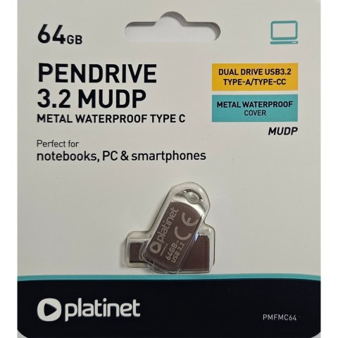 Pamięć USB-A/USB-C 64GB PLATINET MUDP USB 3.2 metalowy wodoodporny (45971)