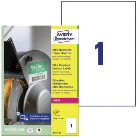 Etykiety A4 foliowe (50 arkuszy) 210x297mm ULTRA RESISTANT B4775-50 AVERY ZWECKFORM