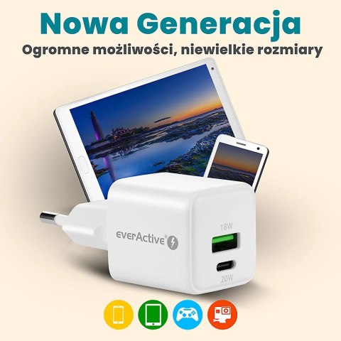 Ładowarka sieciowa 230V EVERACTIVE SC-330Q 1xUSB-A + 1xUSB-C 20W biała