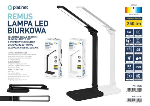 Lampka biurkowa led PLATINET REMUS biała 5W 250lm 4500K z gniazdem USB-A (46010)