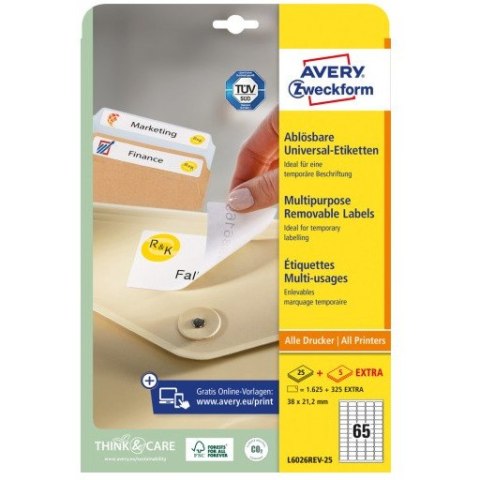 Etykiety białe 38,1x21,2mm (25 arkuszy = 1625 etykiet) usuwalne L6026REV-25 AVERY ZWECKFORM
