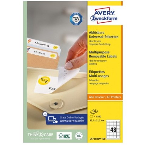 Etykiety białe 45,7x21,2mm (100 arkuszy= 4800 etykiet) L4736REV-100 AVERY ZWECKFORM