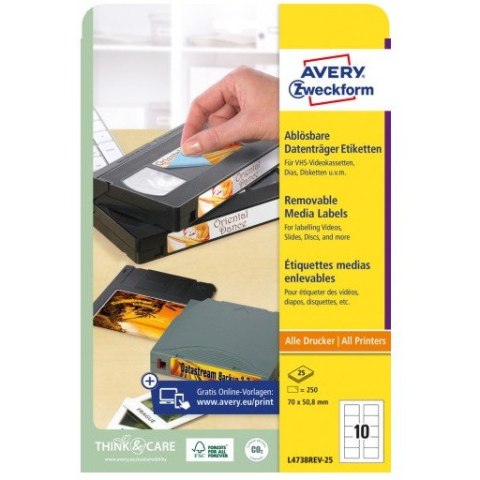 Etykiety białe 70x50,8mm (25 arkuszy = 250 etykiet) usuwalne L4738REV-25 AVERY ZWECKFORM