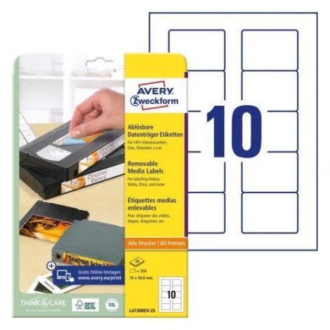 Etykiety białe 70x50,8mm (25 arkuszy = 250 etykiet) usuwalne L4738REV-25 AVERY ZWECKFORM