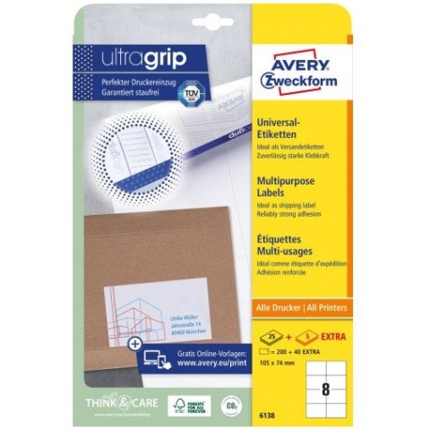 Etykiety białe ULTRA GRIP 105x74mm (25arkuszy = 200 atykiet) 6138 AVERY ZWECKFORM