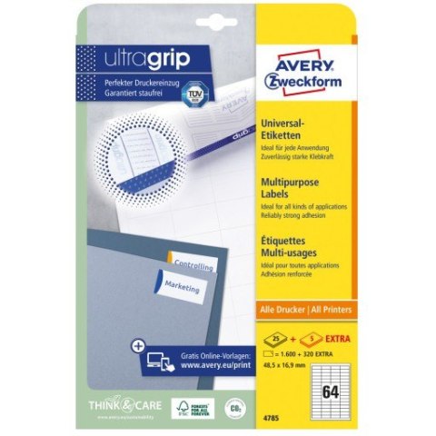 Etykiety białe ULTRA GRIP 48,5x16,9mm (25arkuszy = 1600 atykiet) 4785 AVERY ZWECKFORM