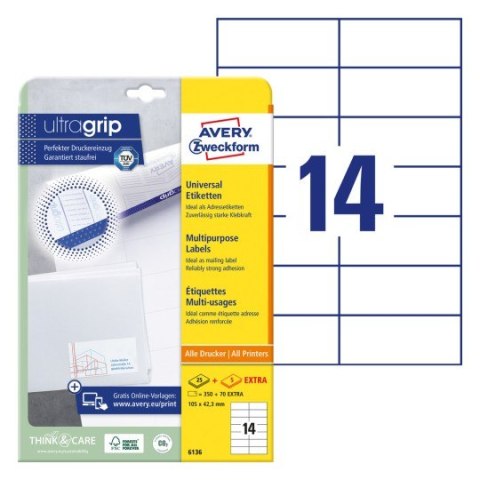 Etykiety białe ULTRAGRIP 105x42,3mm (25 arkuszy=350 etykiet) 6136 AVERY ZWECKFORM