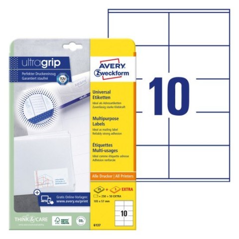 Etykiety białe ULTRAGRIP 105x57mm (25 arkuszy=250 etykiet) 6137 AVERY ZWECKFORM