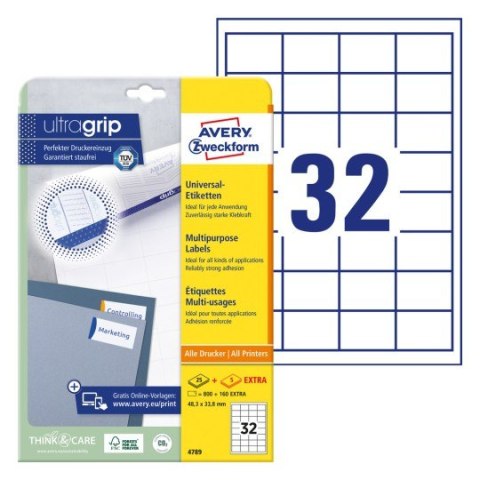 Etykiety białe ULTRAGRIP 48,3x33,8mm (25 arkuszy = 800 etykiet) 4789 AVERY ZWECKFORM
