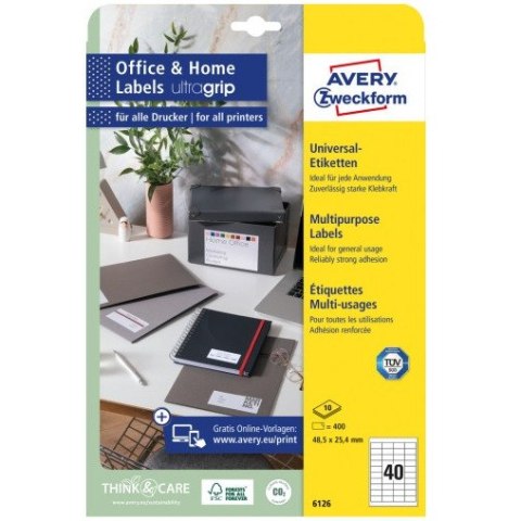 Etykiety białe ULTRAGRIP 48,5x25,4mm (10 arkuszy = 400 etykiet) 6126 AVERY ZWECKFORM